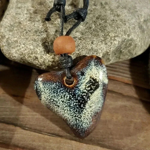 Hand Crafted Artsy Heart Glazed Blue Brown Cream Porcelain Pendant Necklace - Picture 1 of 7